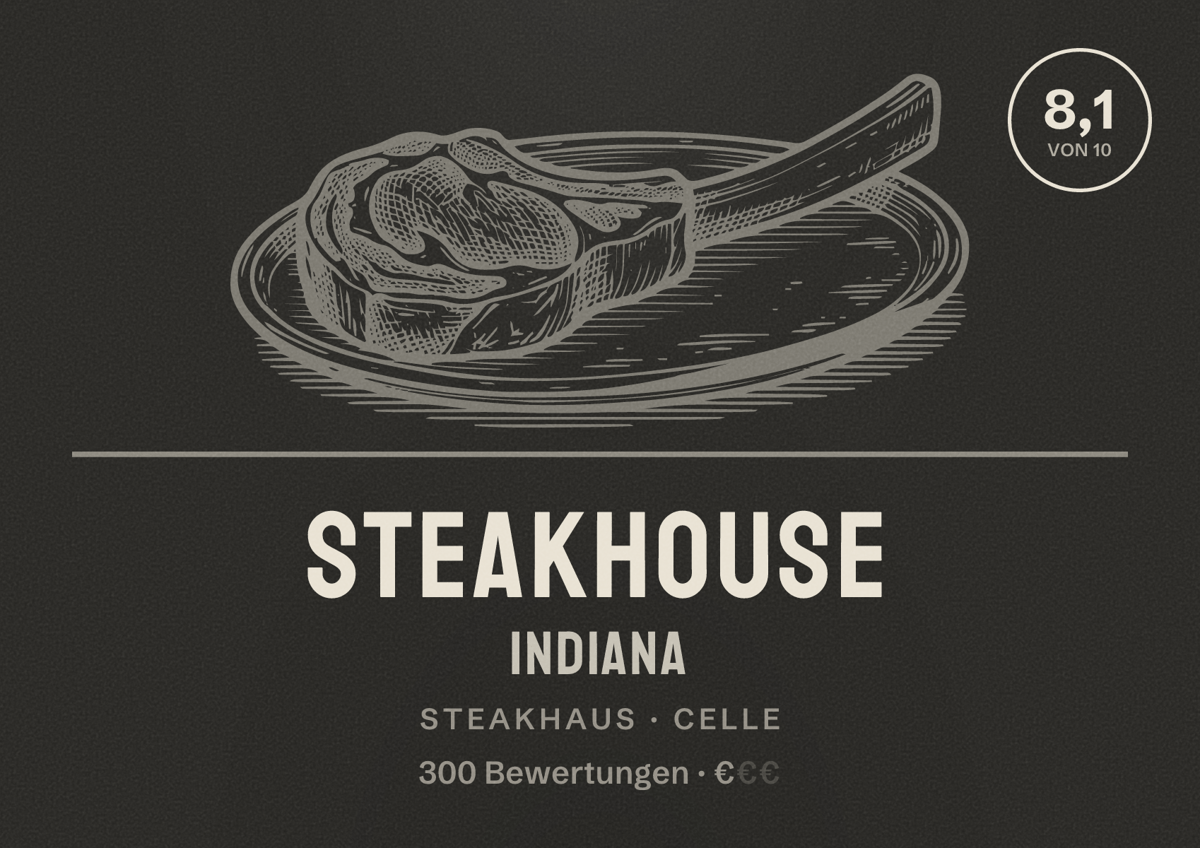 Illustriertes Poster von Steakhouse Indiana, Steakhaus in Celle: Bewertung 8,1 von 10 aus 300 Bewertungen, Preisniveau €