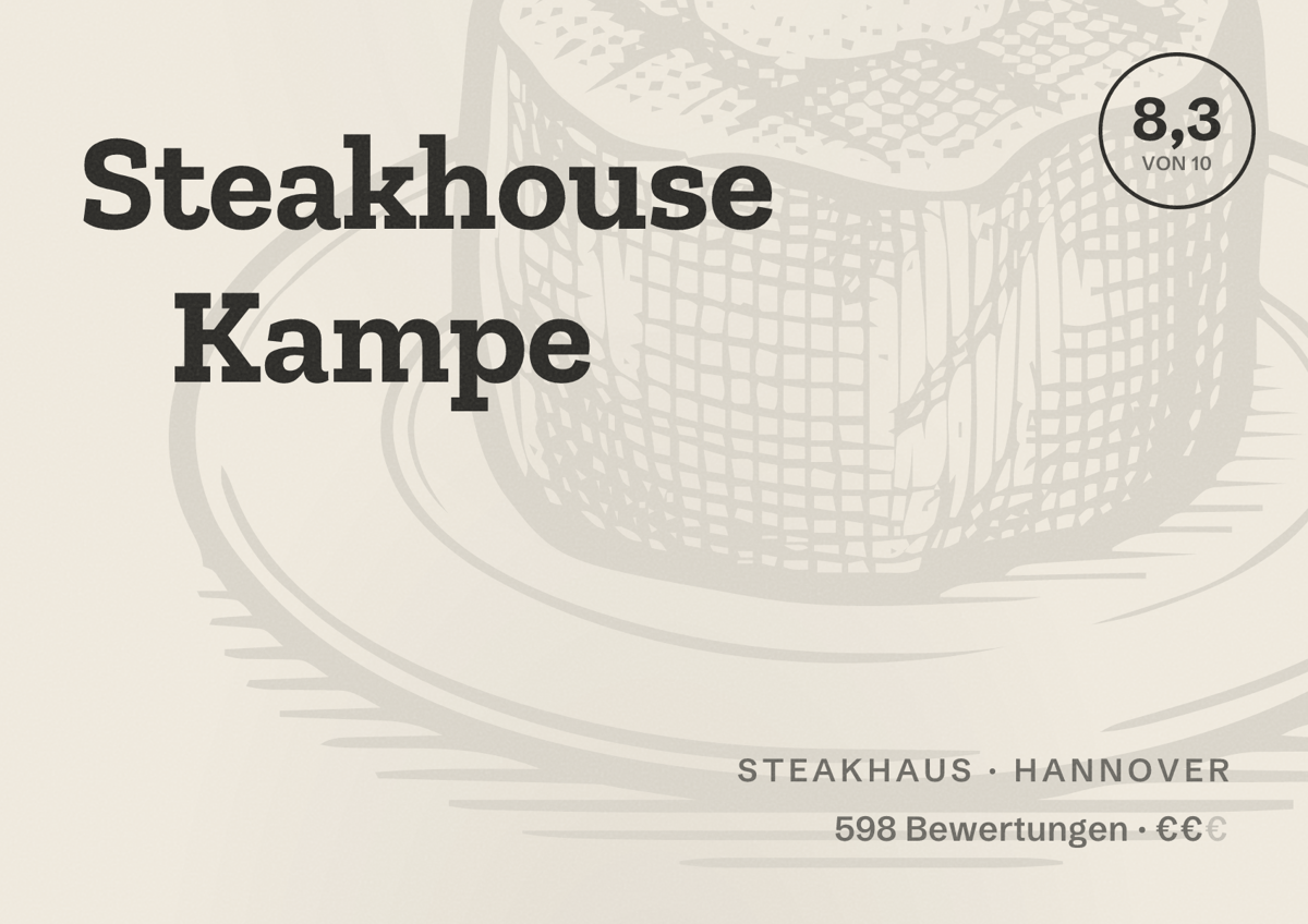 Illustriertes Poster von Steakhouse Kampe, Steakhaus in Hannover: Bewertung 8,3 von 10 aus 598 Bewertungen, Preisniveau €€