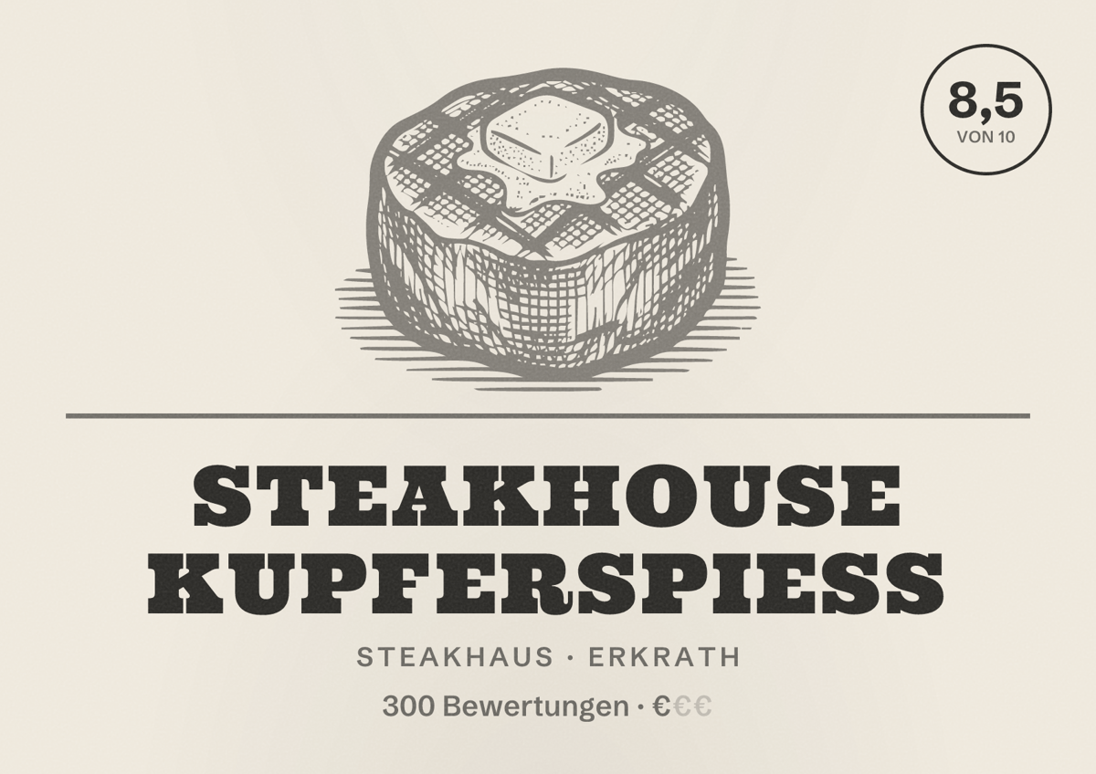 Illustriertes Poster von Steakhouse Kupferspieß, Steakhaus in Erkrath: Bewertung 8,5 von 10 aus 300 Bewertungen, Preisniveau €