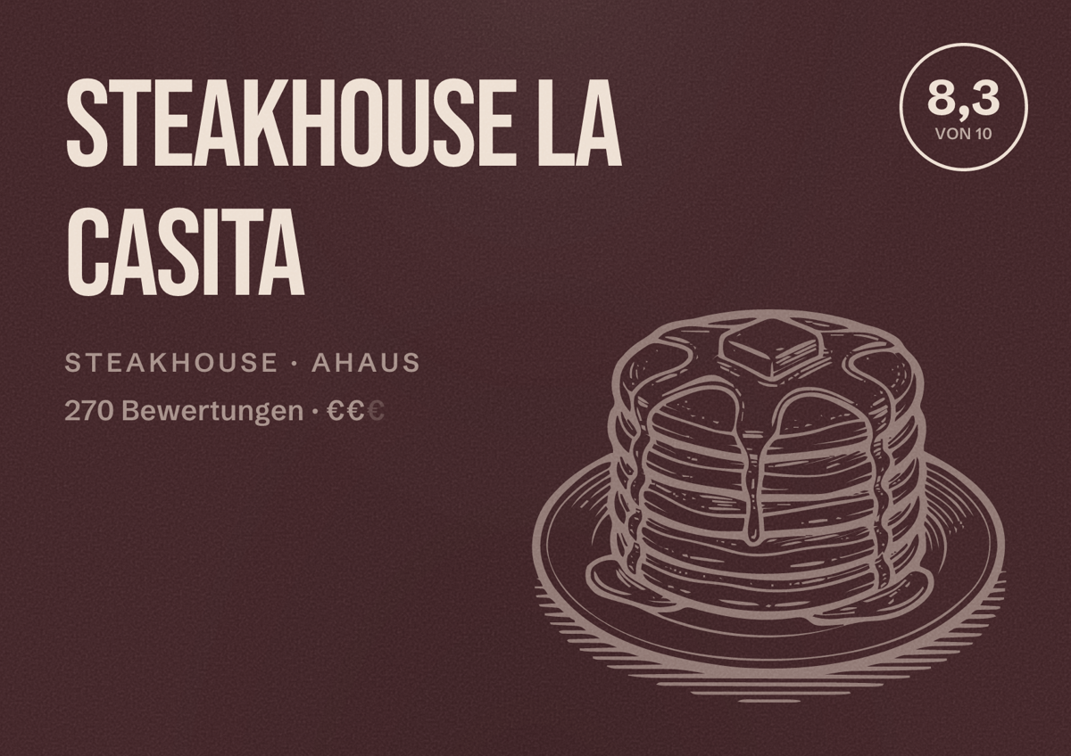 Illustriertes Poster von Steakhouse la casita, Steakhouse in Ahaus: Gästebewertung 8,3 von 10 aus 270 Bewertungen