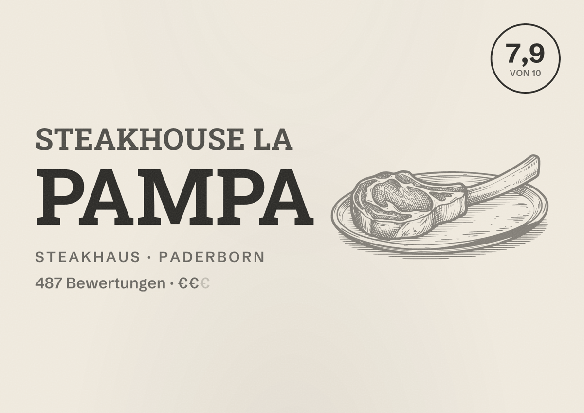 Illustriertes Poster von Steakhouse La Pampa, Steakhaus in Paderborn: Bewertung 7,9 von 10 aus 487 Bewertungen, Preisniveau €€