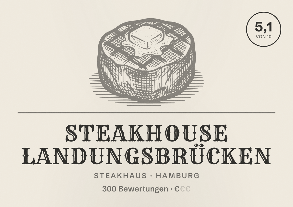 Illustriertes Poster von Steakhouse Landungsbrücken, Steakhaus in Hamburg: Bewertung 5,1 von 10 aus 300 Bewertungen, Preisniveau €
