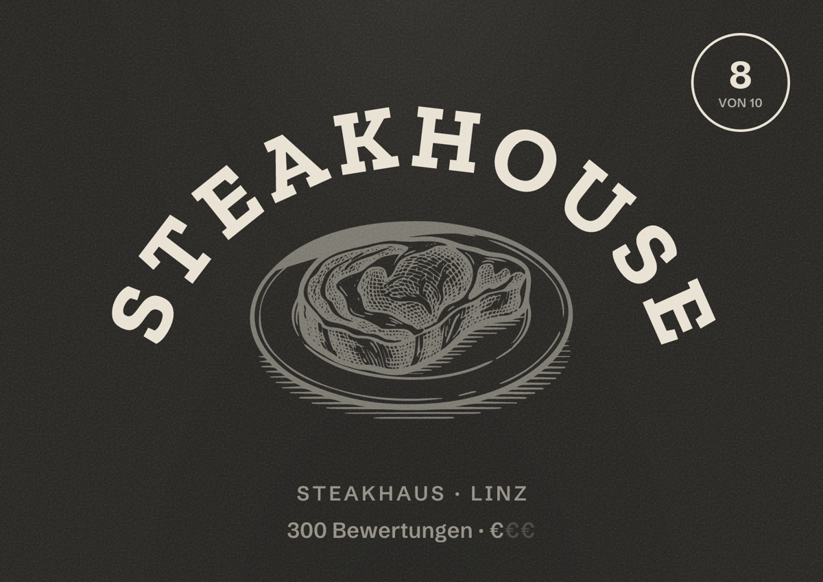 Illustriertes Poster von STEAKHOUSE, Steakhaus in Linz: Bewertung 8 von 10 aus 300 Bewertungen, Preisniveau €