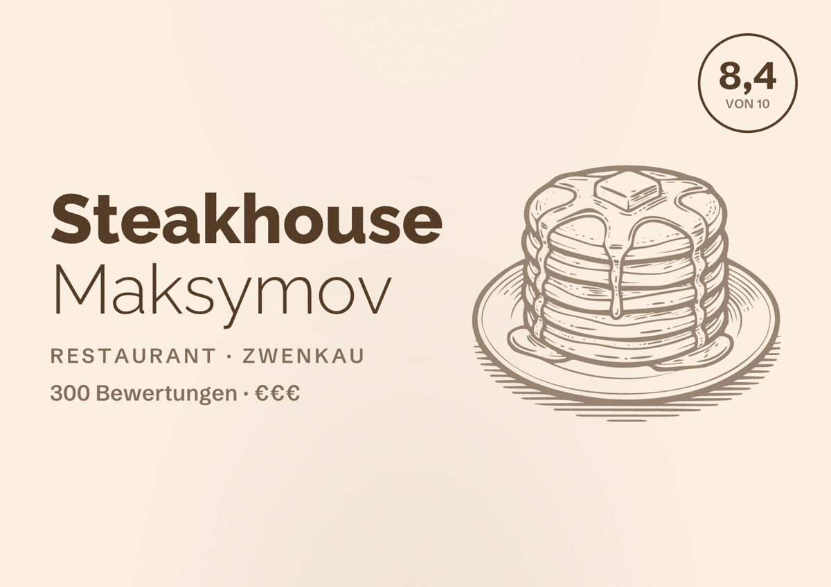 Illustriertes Poster von Steakhouse Maksymov, Restaurant in Zwenkau: Bewertung 8,4 von 10 aus 300 Bewertungen, Preisniveau €€€