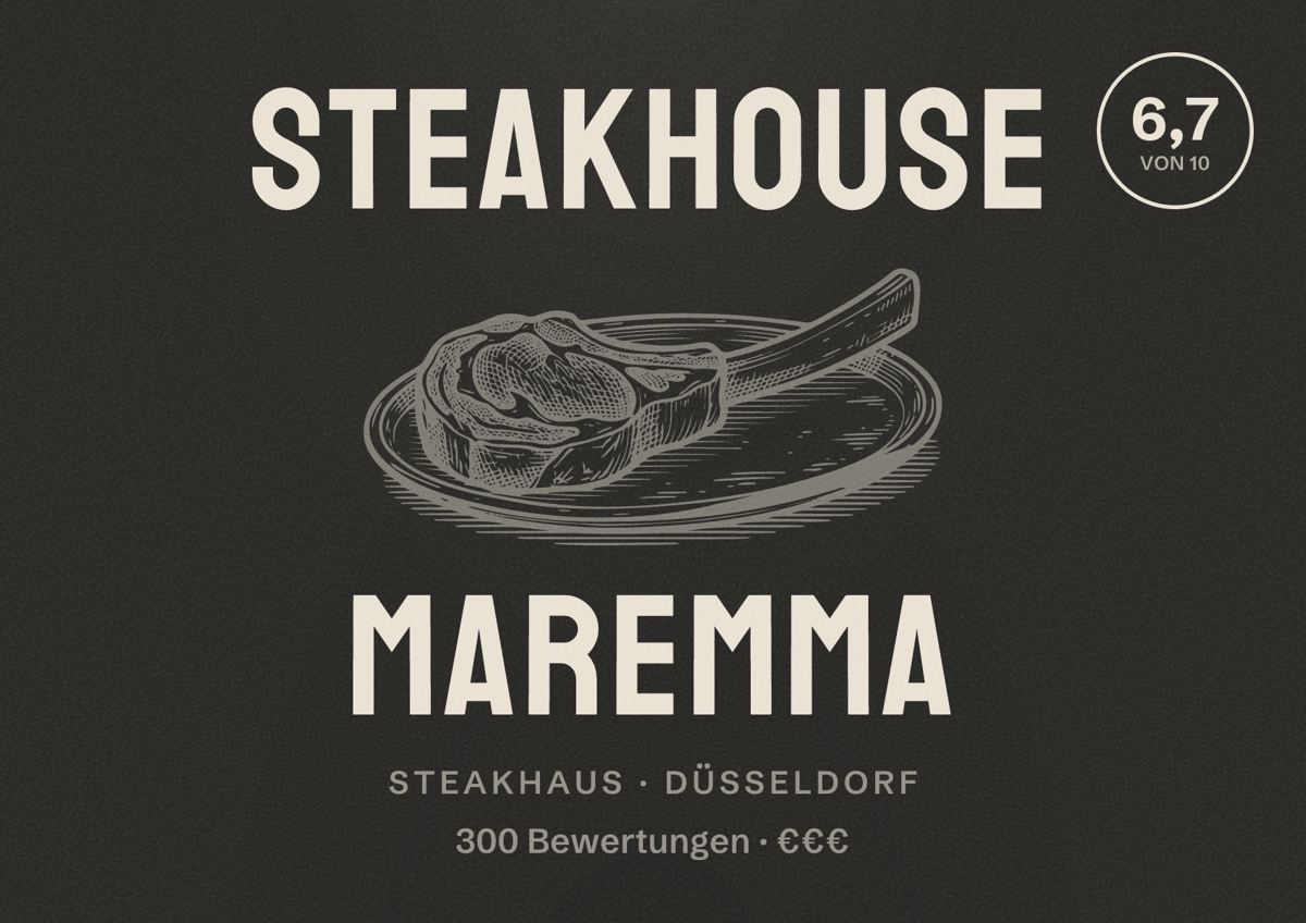 Illustriertes Poster von Steakhouse Maremma, Steakhaus in Düsseldorf: Bewertung 6,7 von 10 aus 300 Bewertungen, Preisniveau €€€