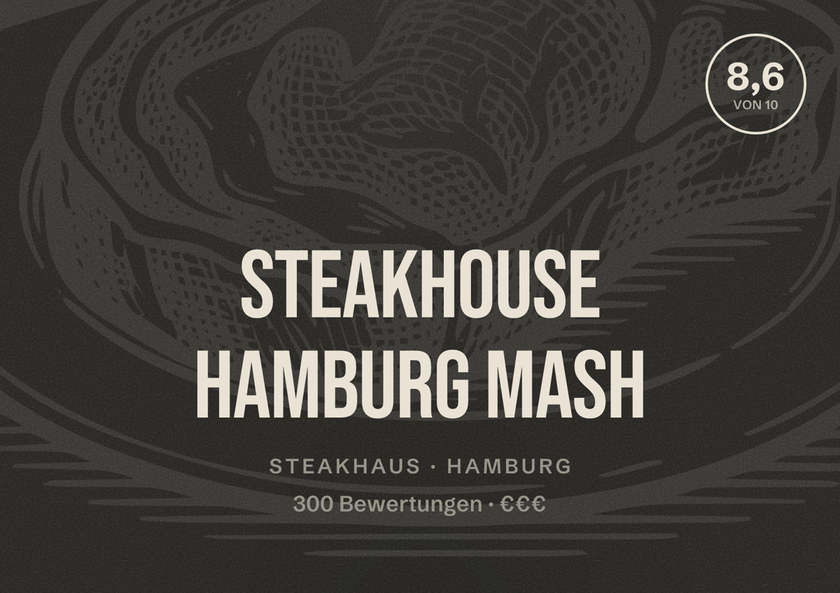 Illustriertes Poster von Steakhouse Hamburg MASH, Steakhaus in Hamburg: Bewertung 8,6 von 10 aus 300 Bewertungen, Preisniveau €€€