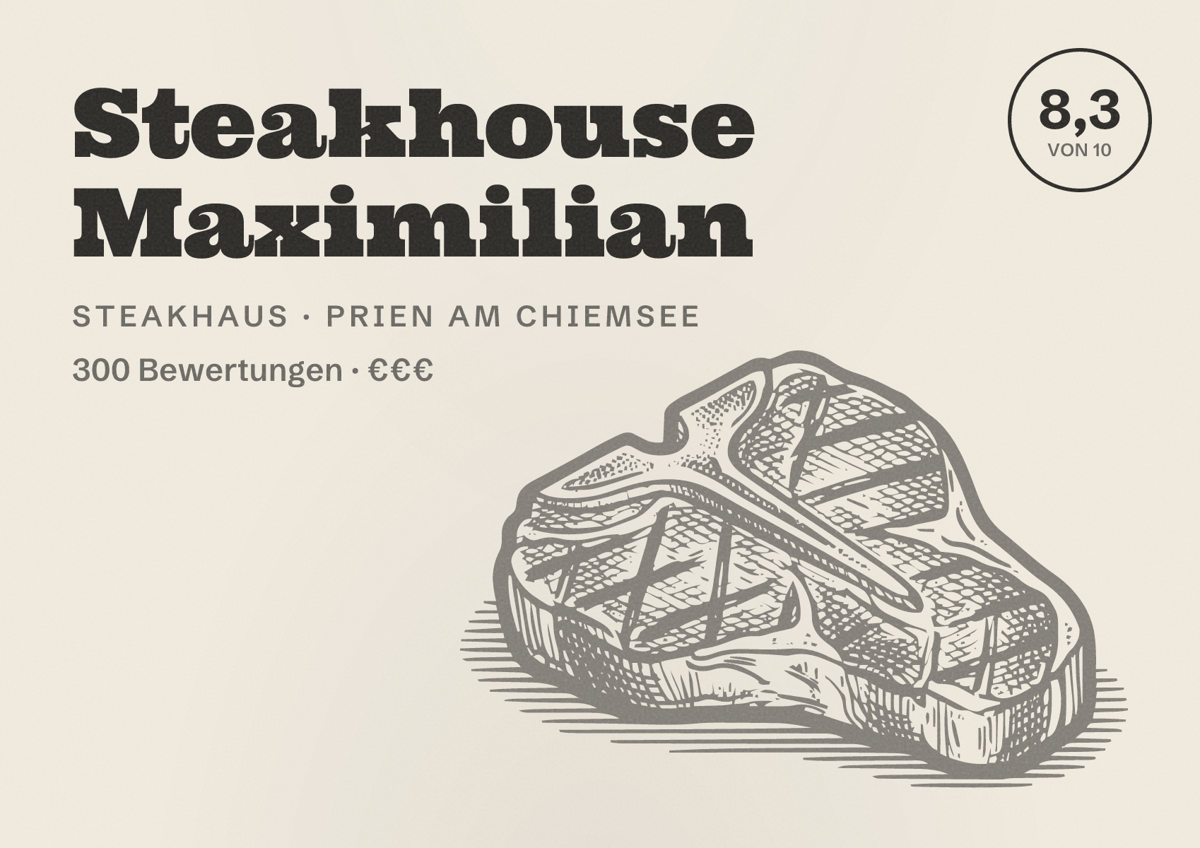 Illustriertes Poster von Steakhouse Maximilian, Steakhaus in Prien am Chiemsee: Bewertung 8,3 von 10 aus 300 Bewertungen, Preisniveau €€€