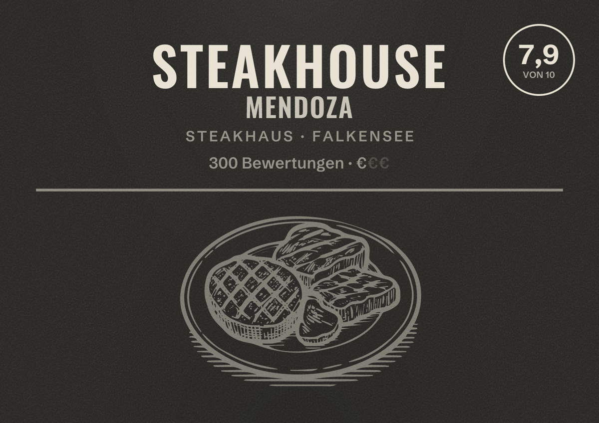 Illustriertes Poster von Steakhouse Mendoza, Steakhaus in Falkensee: Bewertung 7,9 von 10 aus 300 Bewertungen, Preisniveau €