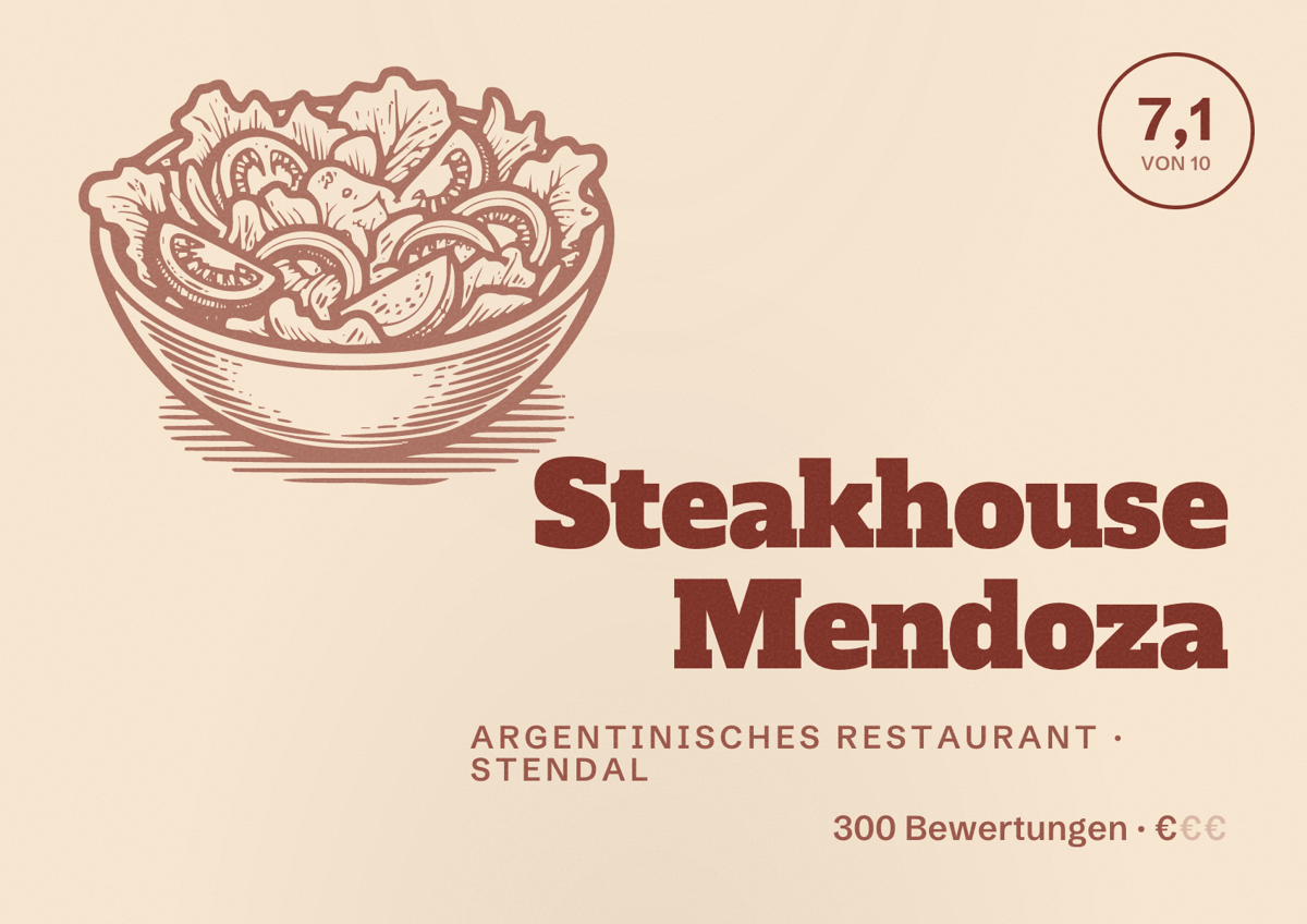 Illustriertes Poster von Steakhouse Mendoza, Argentinisches Restaurant in Stendal: Bewertung 7,1 von 10 aus 300 Bewertungen, Preisniveau €