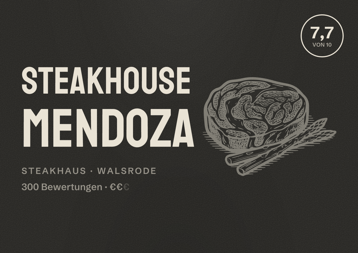 Illustriertes Poster von Steakhouse Mendoza, Steakhaus in Walsrode: Bewertung 7,7 von 10 aus 300 Bewertungen, Preisniveau €€