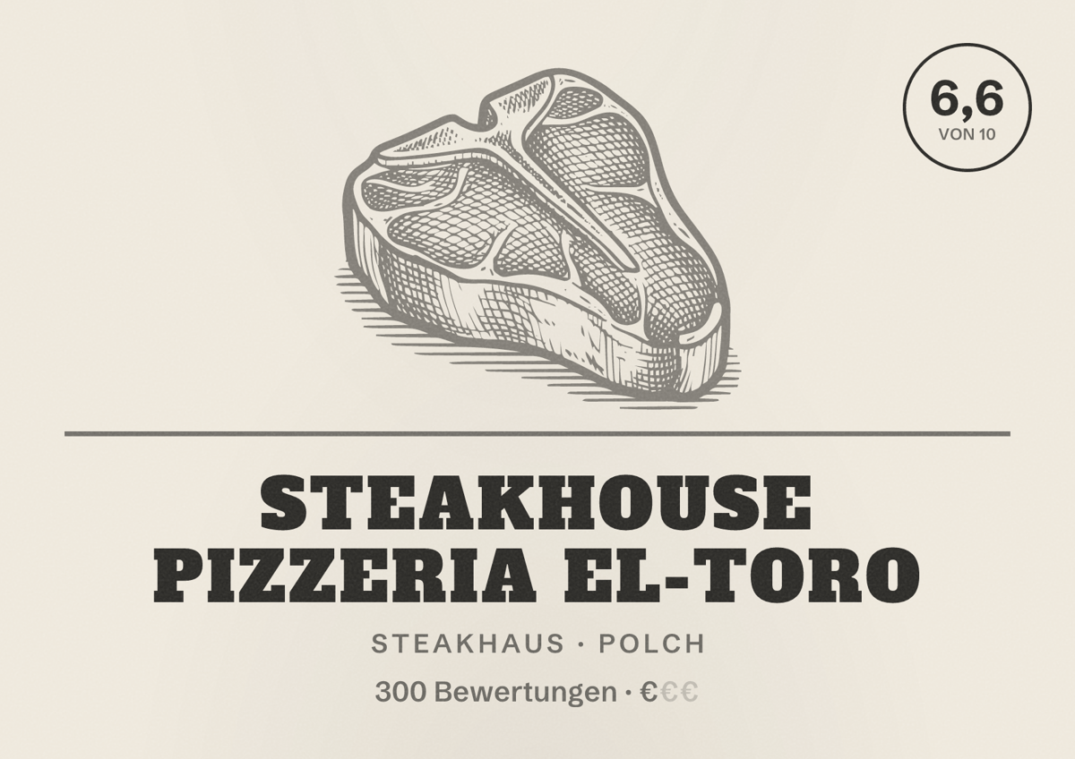 Illustriertes Poster von Steakhouse Pizzeria El-toro, Steakhaus in Polch: Bewertung 6,6 von 10 aus 300 Bewertungen, Preisniveau €