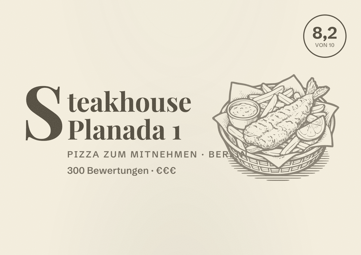 Illustriertes Poster von Steakhouse Planada 1, Pizza zum Mitnehmen in Berlin: Bewertung 8,2 von 10 aus 300 Bewertungen, Preisniveau €€€
