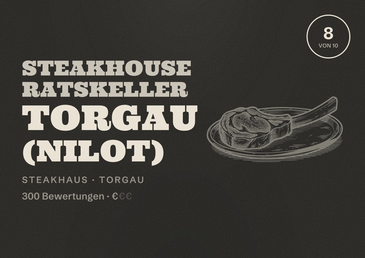 Illustriertes Poster von Steakhouse Ratskeller Torgau (nilot), Steakhaus in Torgau: Bewertung 8 von 10 aus 300 Bewertungen, Preisniveau €
