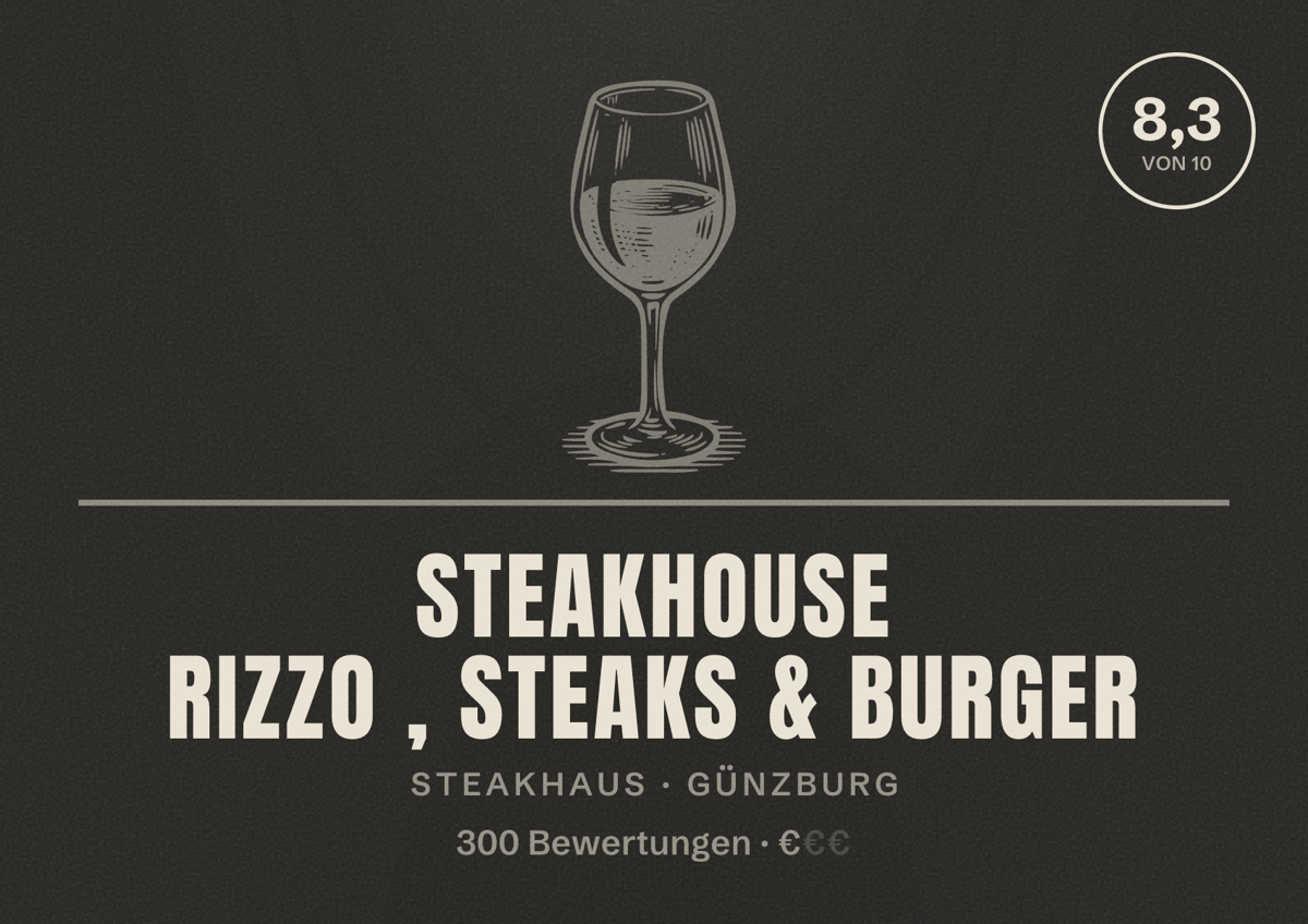 Illustriertes Poster von Steakhouse Rizzo , Steaks & Burger, Steakhaus in Günzburg: Bewertung 8,3 von 10 aus 300 Bewertungen, Preisniveau €