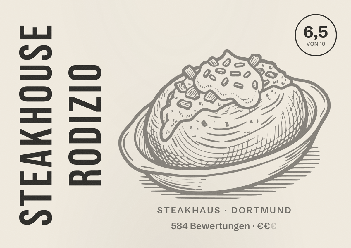 Illustriertes Poster von Steakhouse Rodizio, Steakhaus in Dortmund: Bewertung 6,5 von 10 aus 584 Bewertungen, Preisniveau €€