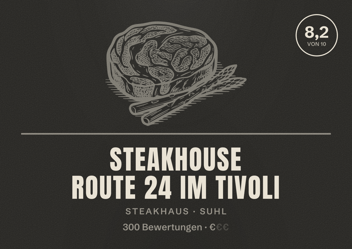 Illustriertes Poster von Steakhouse ROUTE 24 im Tivoli, Steakhaus in Suhl: Bewertung 8,2 von 10 aus 300 Bewertungen, Preisniveau €