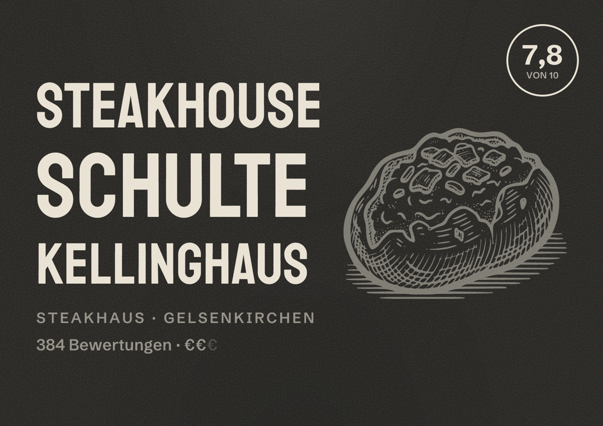 Illustriertes Poster von Steakhouse Schulte Kellinghaus, Steakhaus in Gelsenkirchen: Gästebewertung 7,8 von 10 aus 384 Bewertungen