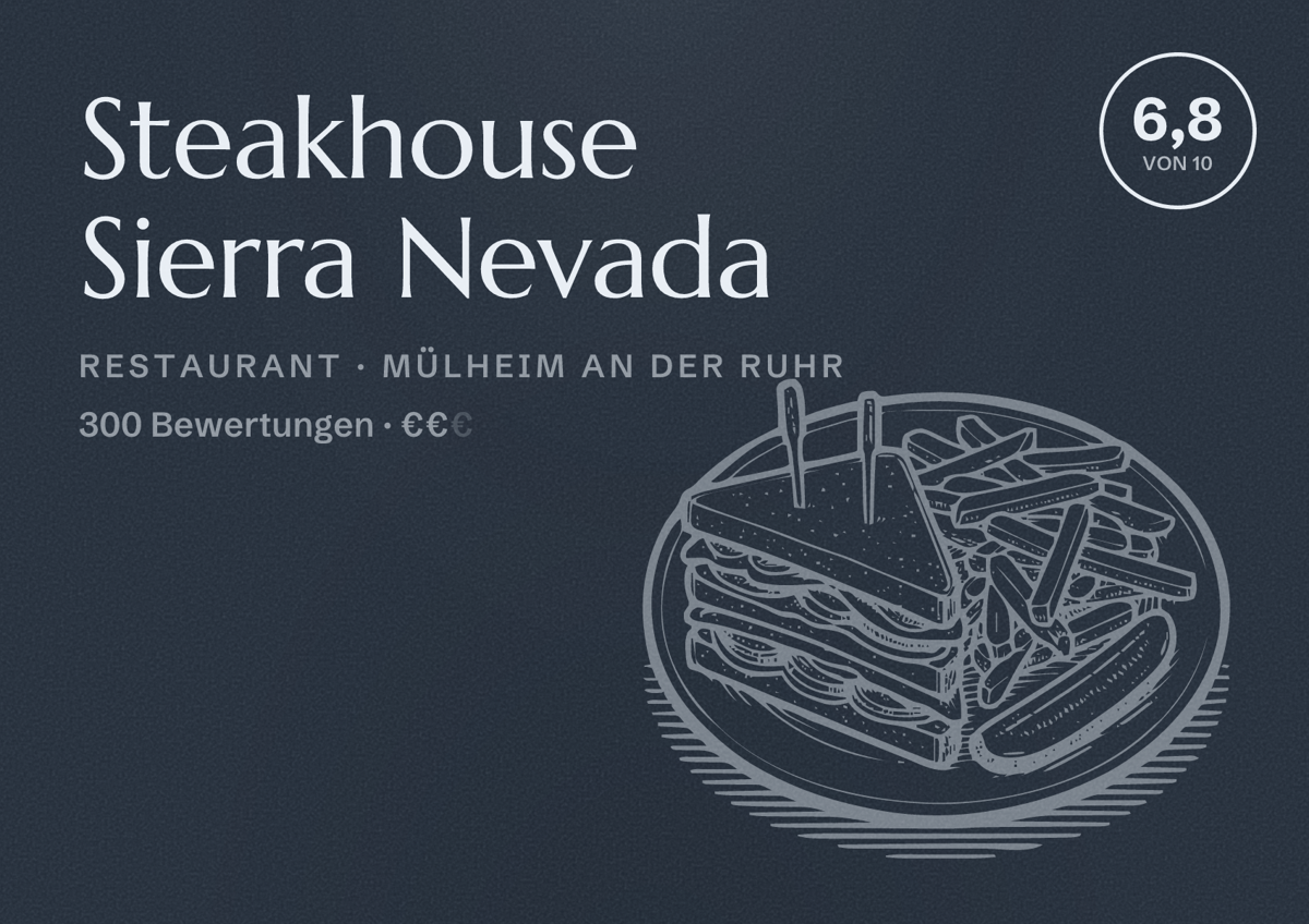 Illustriertes Poster von Steakhouse Sierra Nevada, Restaurant in Mülheim an der Ruhr: Bewertung 6,8 von 10 aus 300 Bewertungen, Preisniveau €€