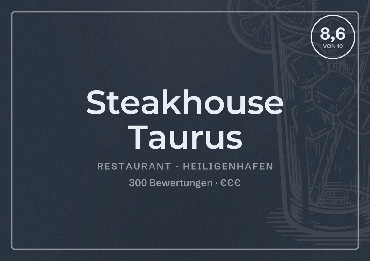 Illustriertes Poster von Steakhouse Taurus, Restaurant in Heiligenhafen: Bewertung 8,6 von 10 aus 300 Bewertungen, Preisniveau €€€