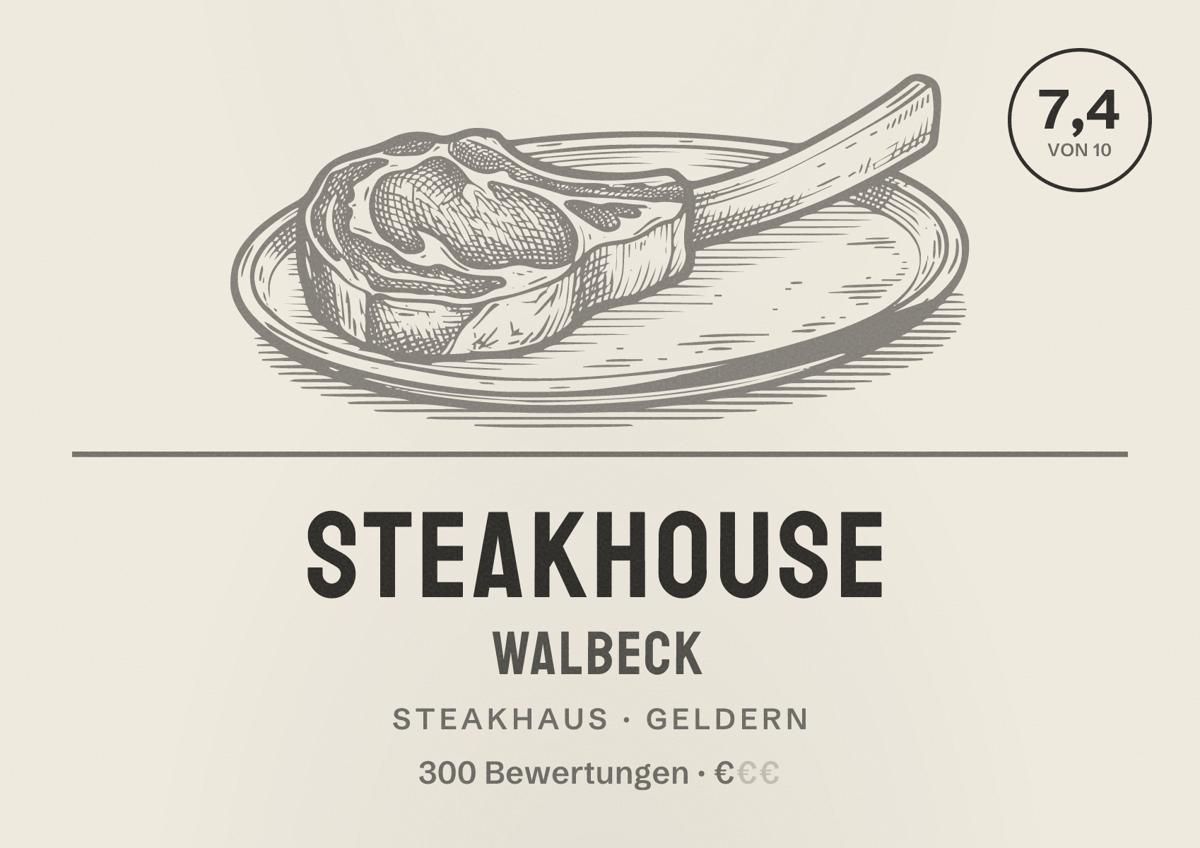 Illustriertes Poster von Steakhouse WALBECK, Steakhaus in Geldern: Bewertung 7,4 von 10 aus 300 Bewertungen, Preisniveau €