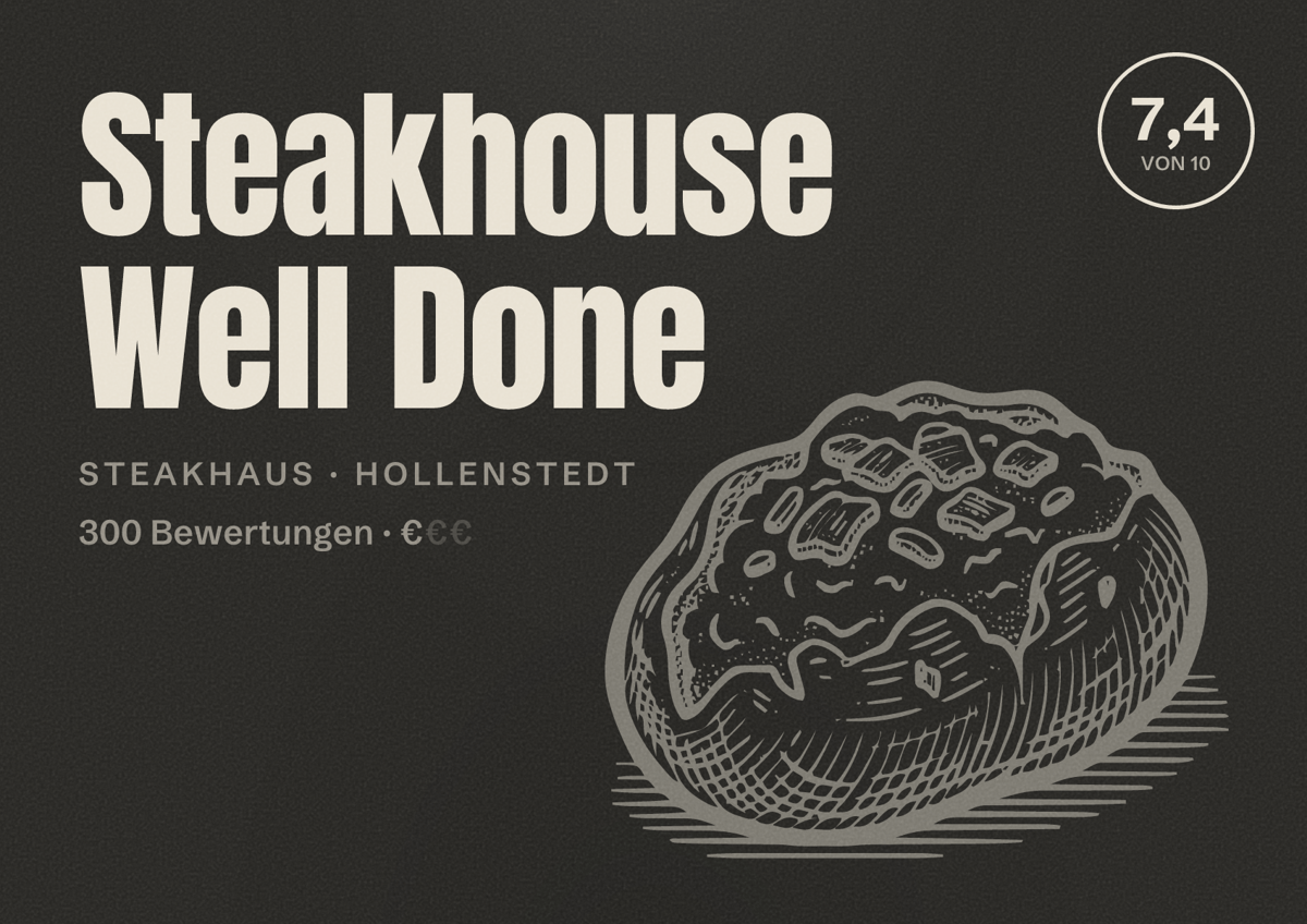 Illustriertes Poster von Steakhouse Well Done, Steakhaus in Hollenstedt: Bewertung 7,4 von 10 aus 300 Bewertungen, Preisniveau €