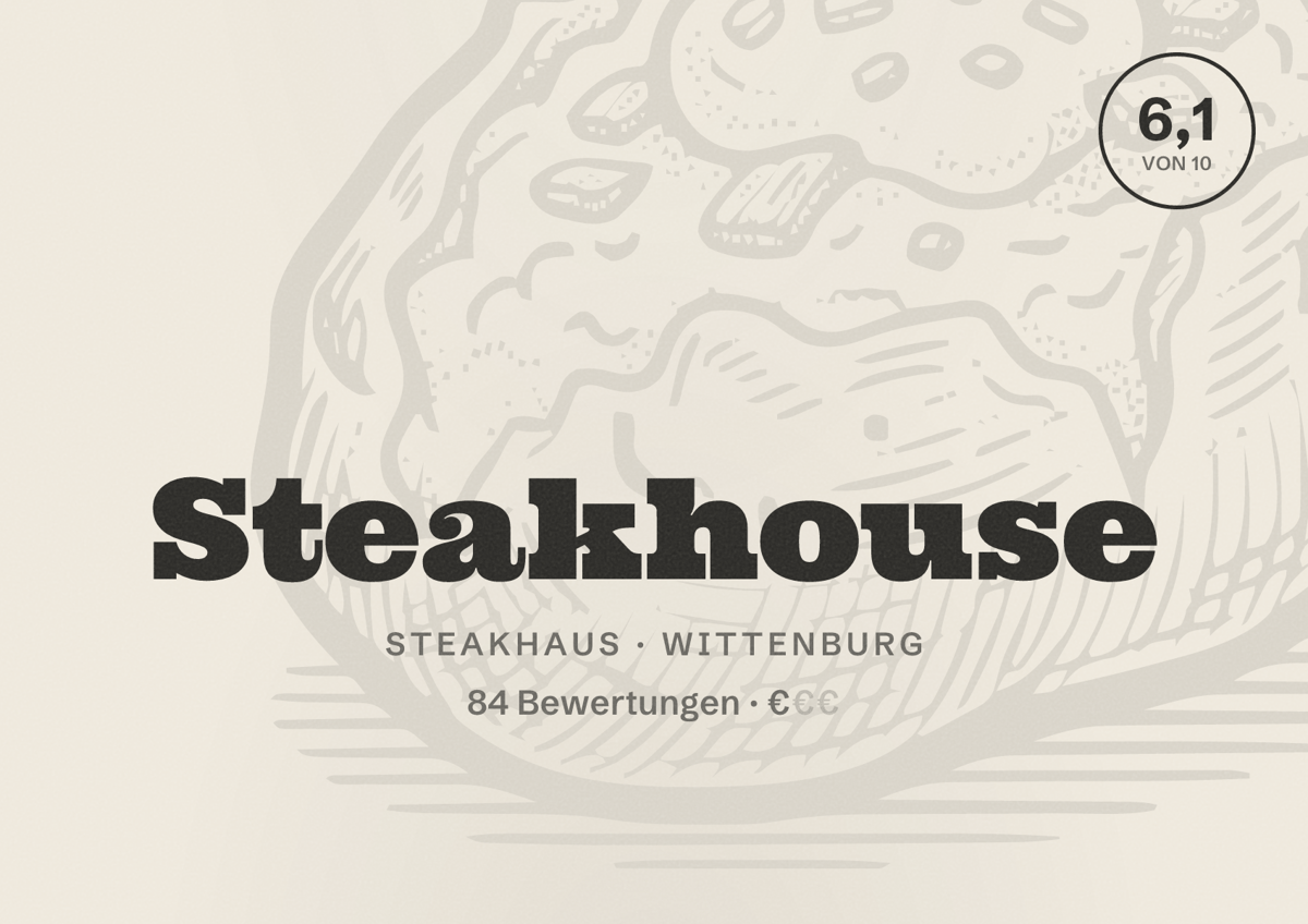 Illustriertes Poster von Steakhouse, Steakhaus in Wittenburg: Bewertung 6,1 von 10 aus 84 Bewertungen, Preisniveau €