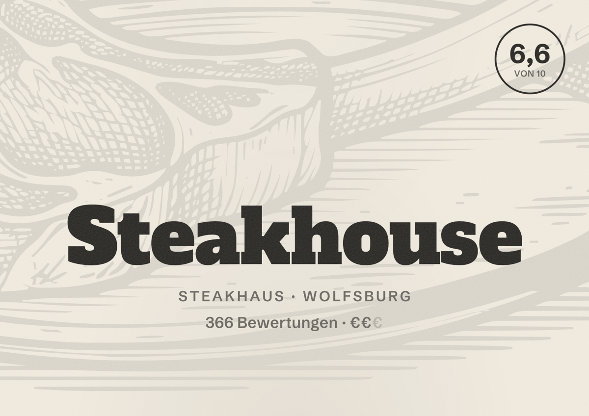 Illustriertes Poster von Steakhouse, Steakhaus in Wolfsburg: Bewertung 6,6 von 10 aus 366 Bewertungen, Preisniveau €€