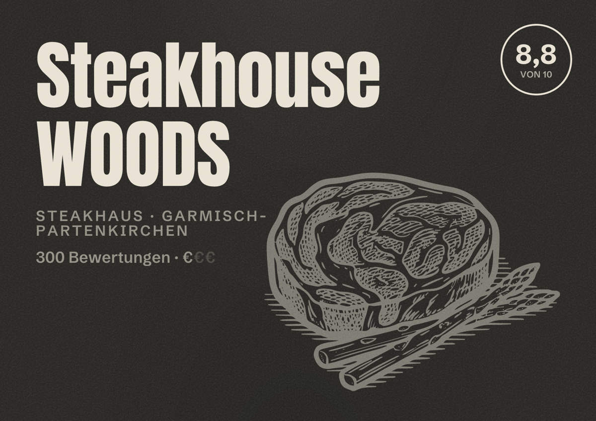 Illustriertes Poster von Steakhouse WOODS, Steakhaus in Garmisch-Partenkirchen: Bewertung 8,8 von 10 aus 300 Bewertungen, Preisniveau €