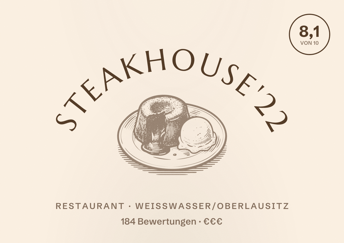 Illustriertes Poster von Steakhouse'22, Restaurant in Weißwasser/Oberlausitz: Bewertung 8,1 von 10 aus 184 Bewertungen, Preisniveau €€€