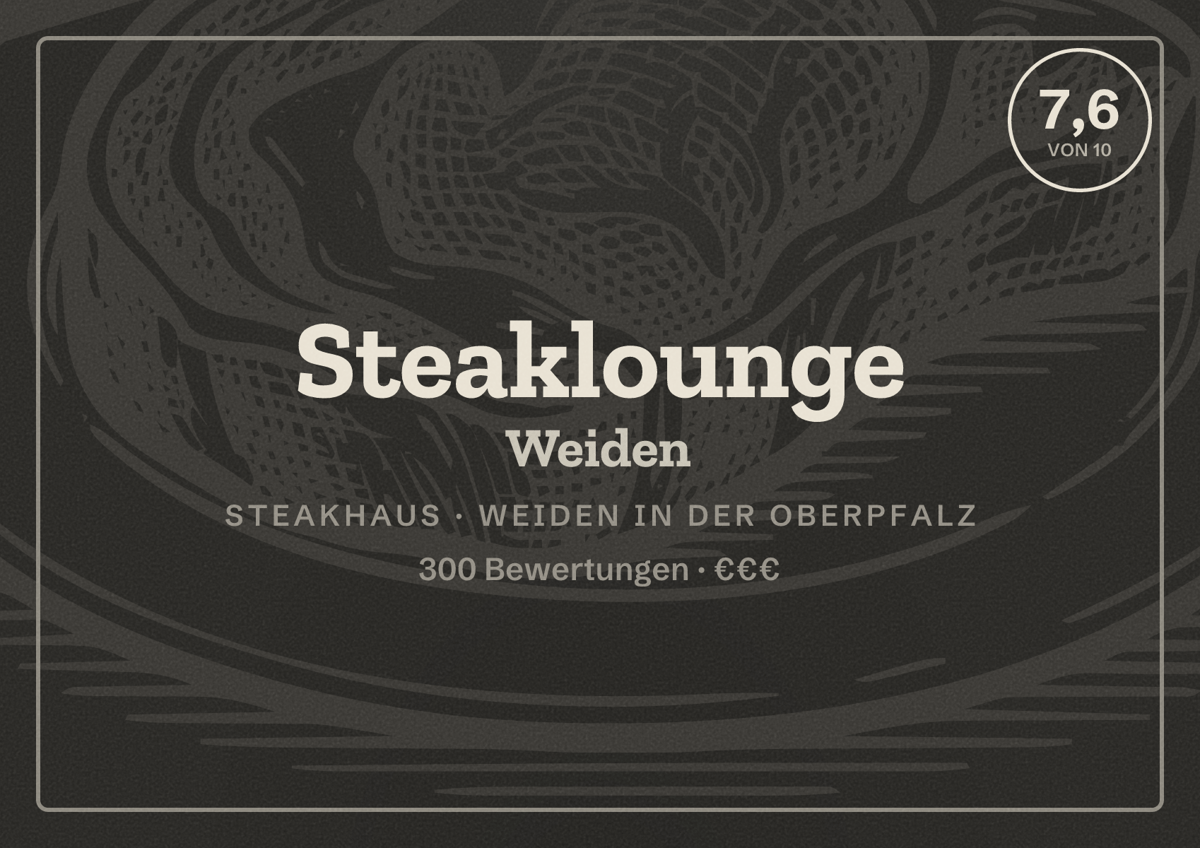 Illustriertes Poster von Steaklounge Weiden, Steakhaus in Weiden in der Oberpfalz: Bewertung 7,6 von 10 aus 300 Bewertungen, Preisniveau €€€