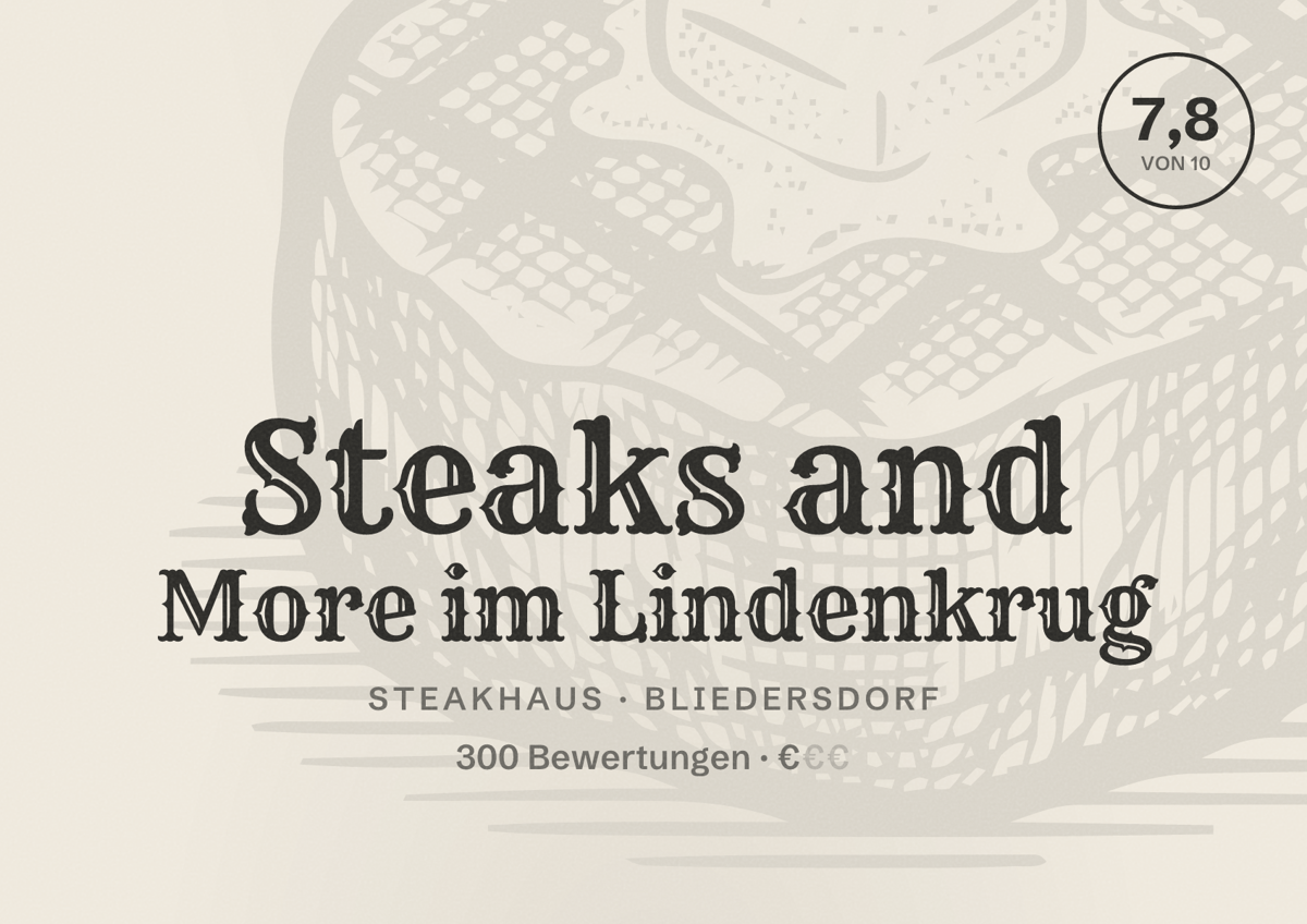 Illustriertes Poster von Steaks and More im Lindenkrug, Steakhaus in Bliedersdorf: Bewertung 7,8 von 10 aus 300 Bewertungen, Preisniveau €