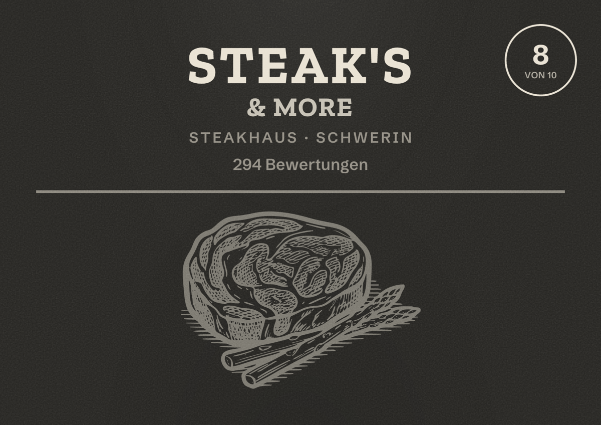 Illustriertes Poster von Steak's & More, Steakhaus in Schwerin: Bewertung 8 von 10 aus 294 Bewertungen