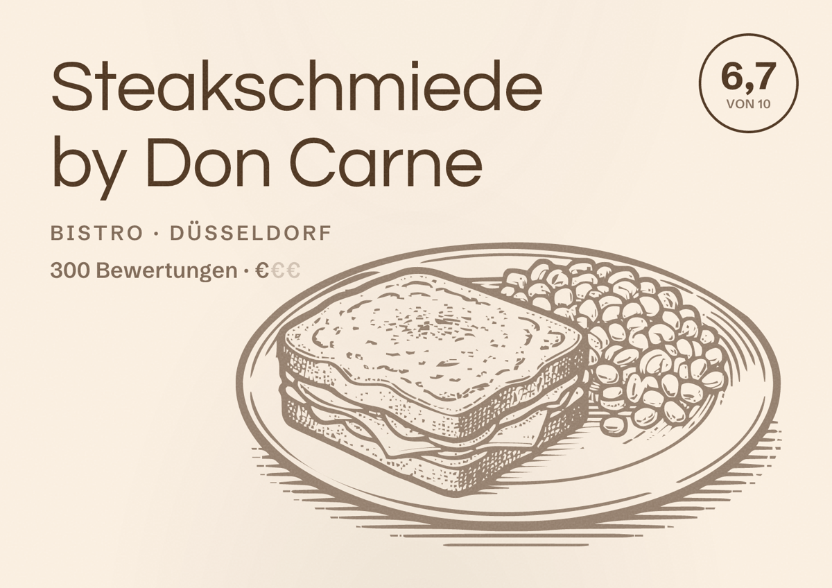 Illustriertes Poster von Steakschmiede by Don Carne, Bistro in Düsseldorf: Bewertung 6,7 von 10 aus 300 Bewertungen, Preisniveau €