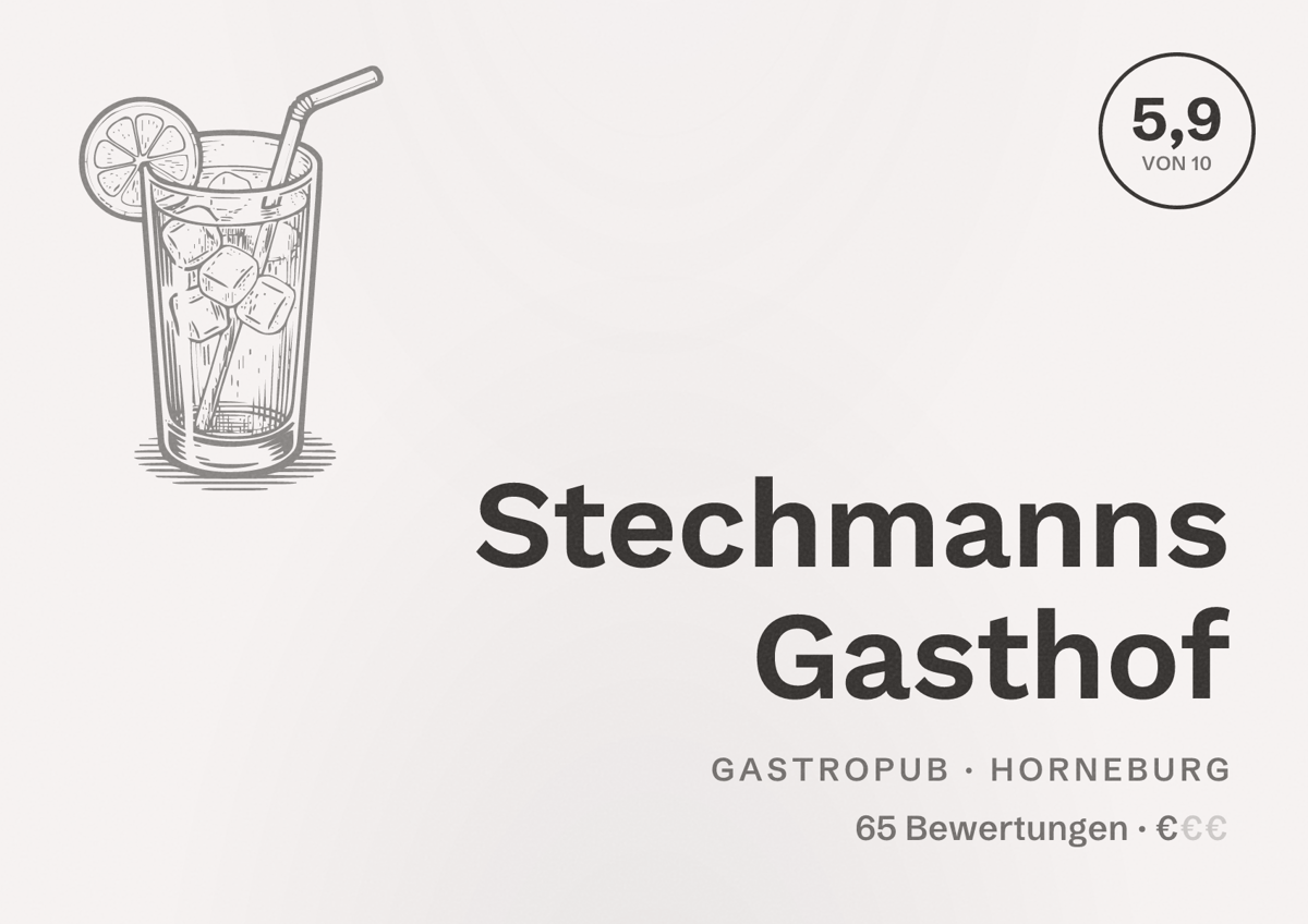 Illustriertes Poster von Stechmanns Gasthof, Gastropub in Horneburg: Bewertung 5,9 von 10 aus 65 Bewertungen, Preisniveau €