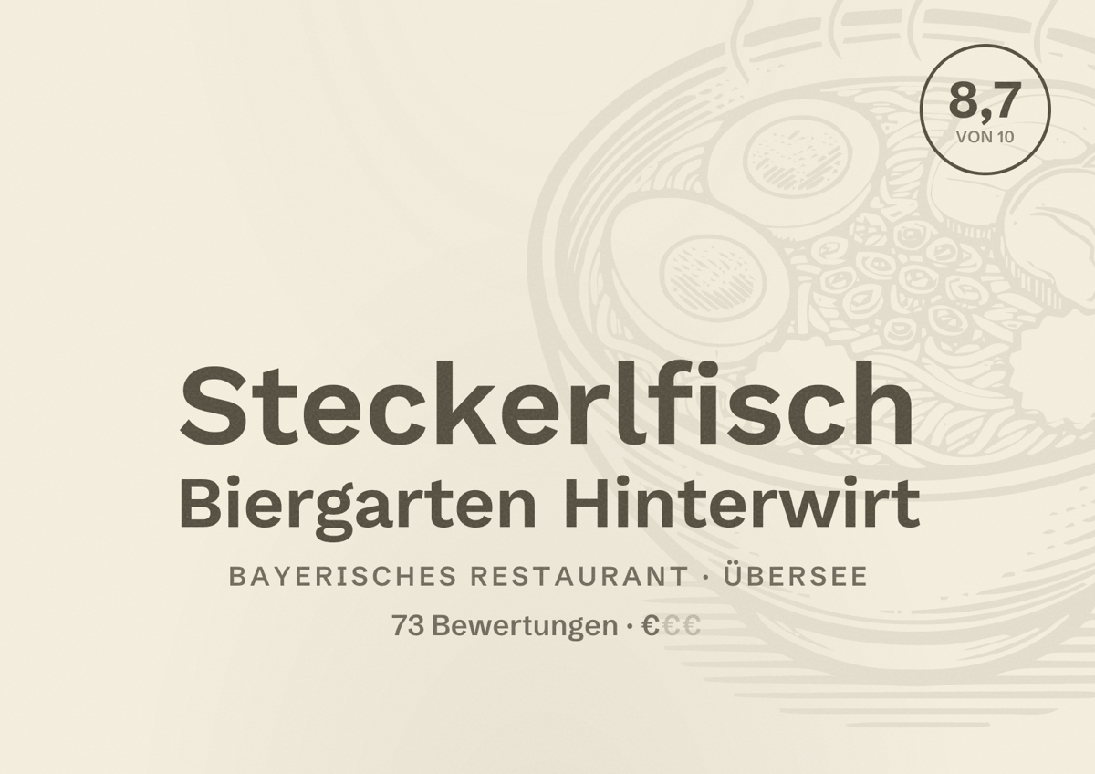 Illustriertes Poster von Steckerlfisch Biergarten Hinterwirt, Bayerisches Restaurant in Übersee: Bewertung 8,7 von 10 aus 73 Bewertungen, Preisniveau €