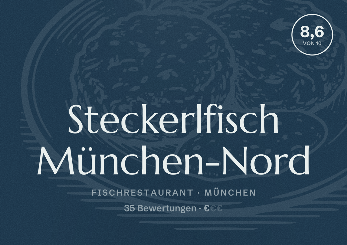 Illustriertes Poster von Steckerlfisch München-Nord, Fischrestaurant in München: Bewertung 8,6 von 10 aus 35 Bewertungen, Preisniveau €