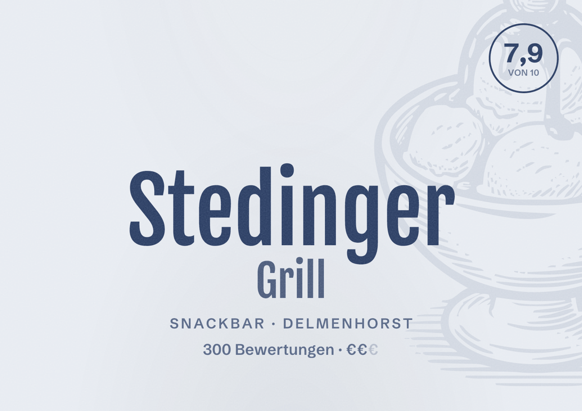Illustriertes Poster von Stedinger Grill, Snackbar in Delmenhorst: Bewertung 7,9 von 10 aus 300 Bewertungen, Preisniveau €€