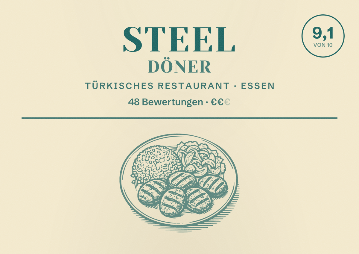 Illustriertes Poster von Steel Döner, Türkisches Restaurant in Essen: Bewertung 9,1 von 10 aus 48 Bewertungen, Preisniveau €€