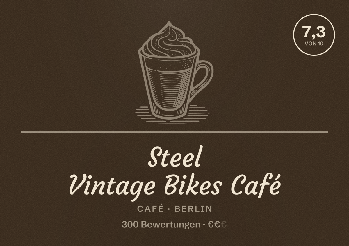 Illustriertes Poster von Steel Vintage Bikes Café, Café in Berlin: Bewertung 7,3 von 10 aus 300 Bewertungen, Preisniveau €€