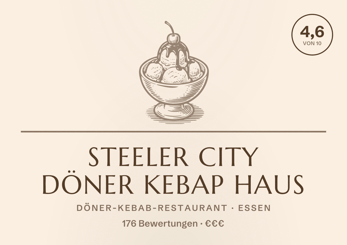Illustriertes Poster von Steeler City Döner Kebap Haus, Döner-Kebab-Restaurant in Essen: Bewertung 4,6 von 10 aus 176 Bewertungen, Preisniveau €€€