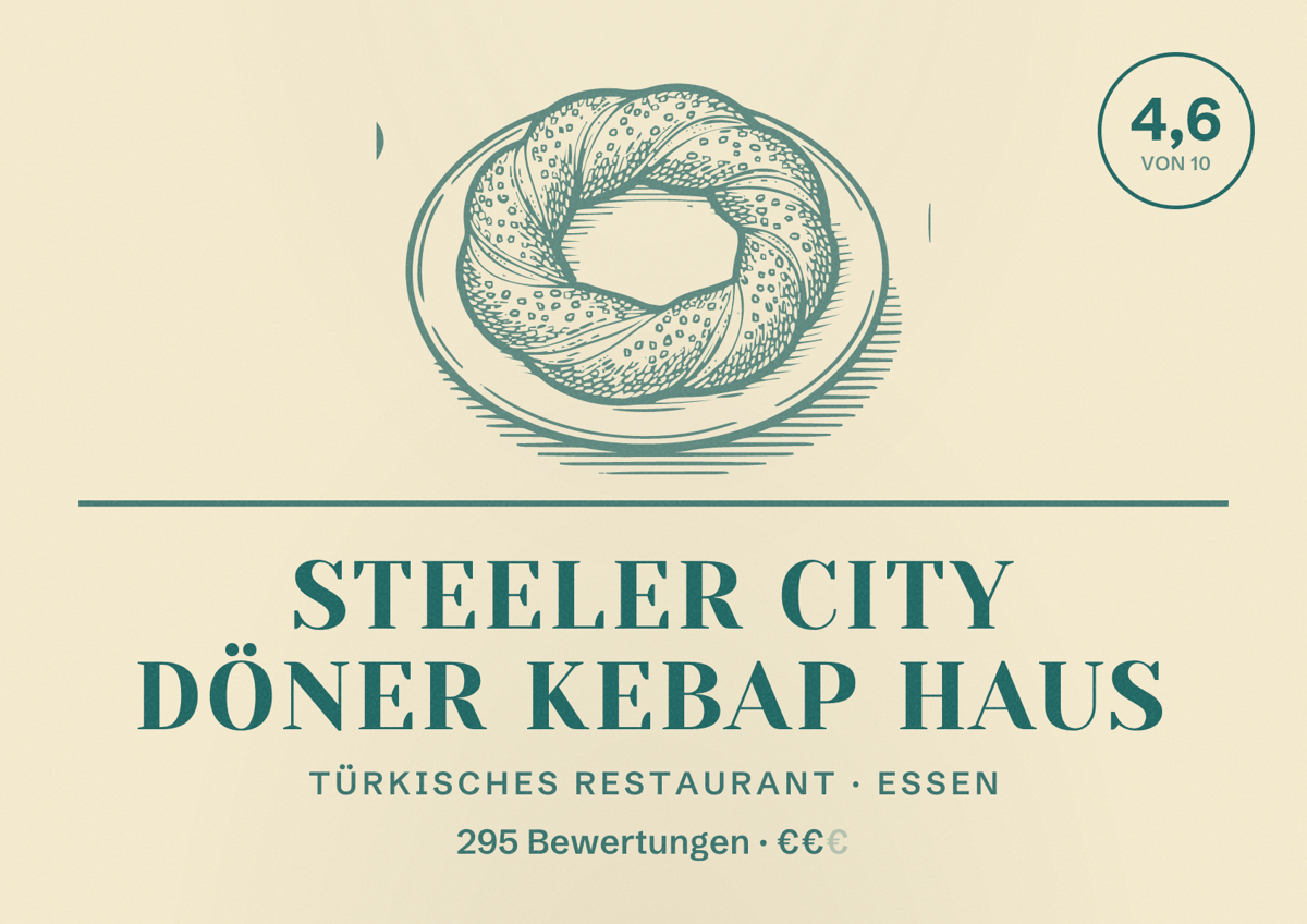 Illustriertes Poster von Steeler City Döner Kebap Haus, Türkisches Restaurant in Essen: Bewertung 4,6 von 10 aus 295 Bewertungen, Preisniveau €€