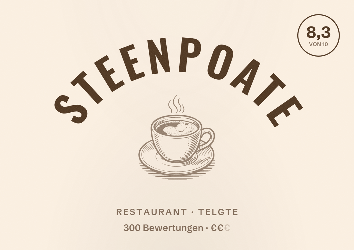 Illustriertes Poster von Steenpoate, Restaurant in Telgte: Bewertung 8,3 von 10 aus 300 Bewertungen, Preisniveau €€