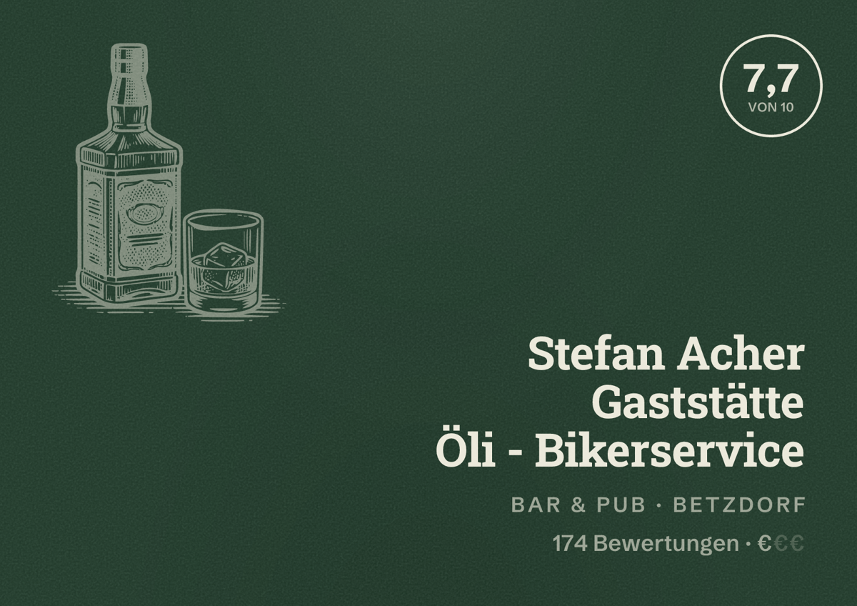 Illustriertes Poster von Stefan Acher Gaststätte Öli - Bikerservice, Bar & Pub in Betzdorf: Bewertung 7,7 von 10 aus 174 Bewertungen, Preisniveau €