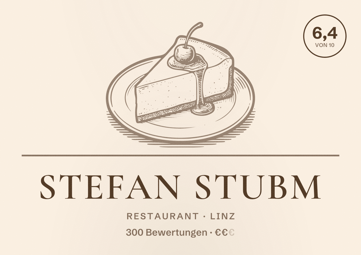 Illustriertes Poster von Stefan Stubm, Restaurant in Linz: Bewertung 6,4 von 10 aus 300 Bewertungen, Preisniveau €€