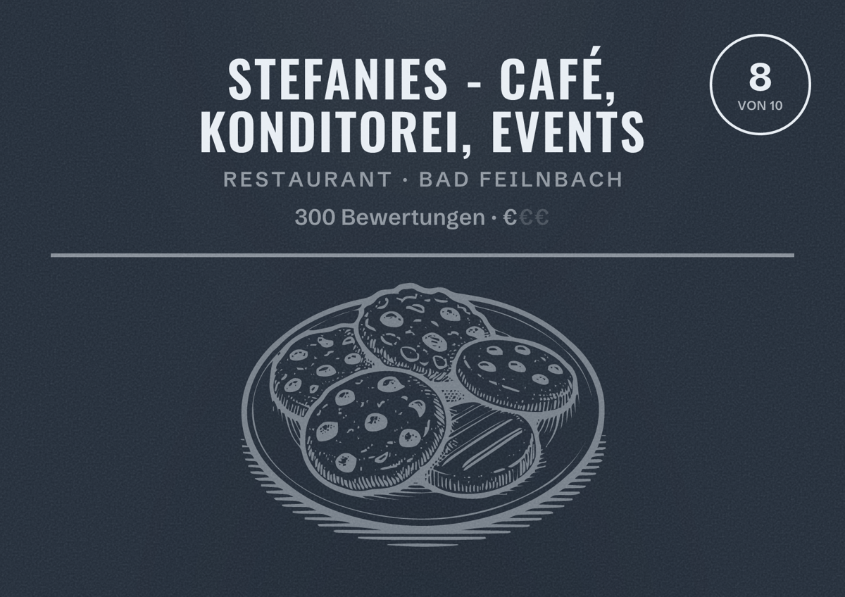 Illustriertes Poster von STEFANIES - Café, Konditorei, Events, Restaurant in Bad Feilnbach: Bewertung 8 von 10 aus 300 Bewertungen, Preisniveau €