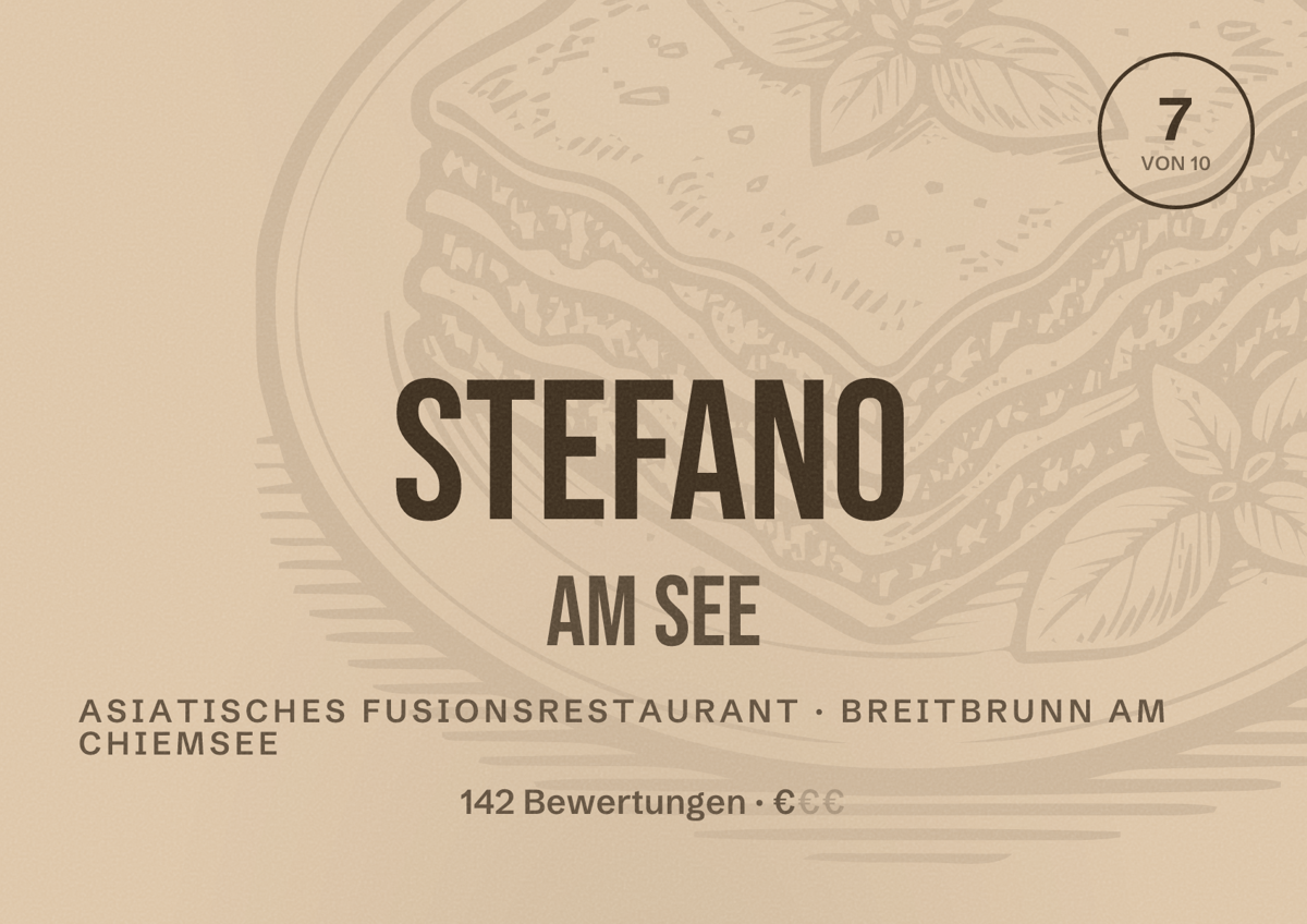 Illustriertes Poster von Stefano am See, Asiatisches Fusionsrestaurant in Breitbrunn am Chiemsee: Bewertung 7 von 10 aus 142 Bewertungen, Preisniveau €