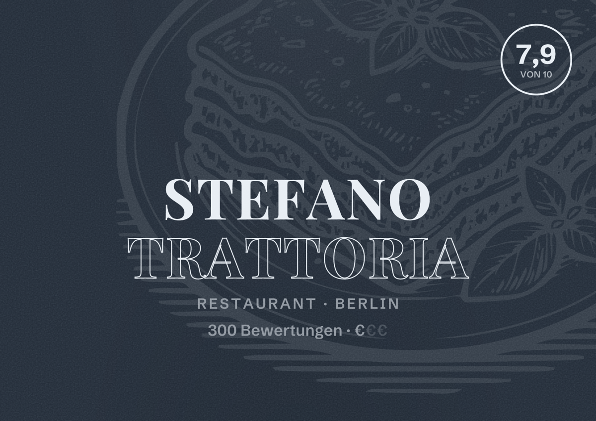 Illustriertes Poster von Stefano Trattoria, Restaurant in Berlin: Bewertung 7,9 von 10 aus 300 Bewertungen, Preisniveau €