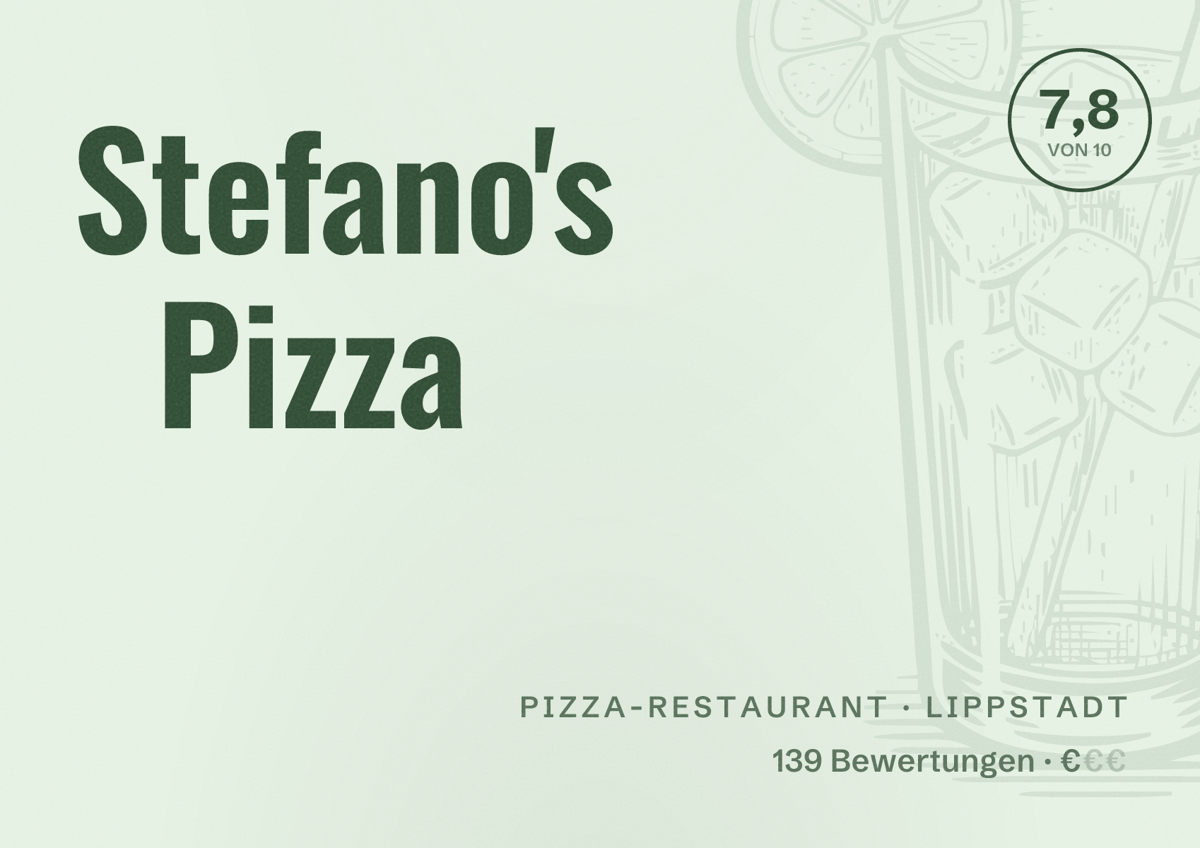 Illustriertes Poster von Stefano's Pizza, Pizza-Restaurant in Lippstadt: Bewertung 7,8 von 10 aus 139 Bewertungen, Preisniveau €