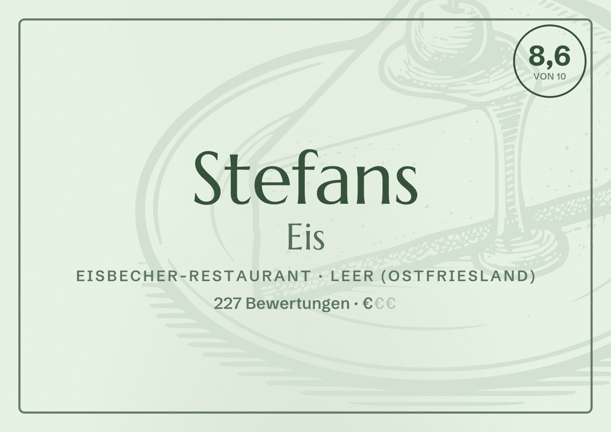 Illustriertes Poster von Stefans Eis, Eisbecher-Restaurant in Leer (Ostfriesland): Bewertung 8,6 von 10 aus 227 Bewertungen, Preisniveau €