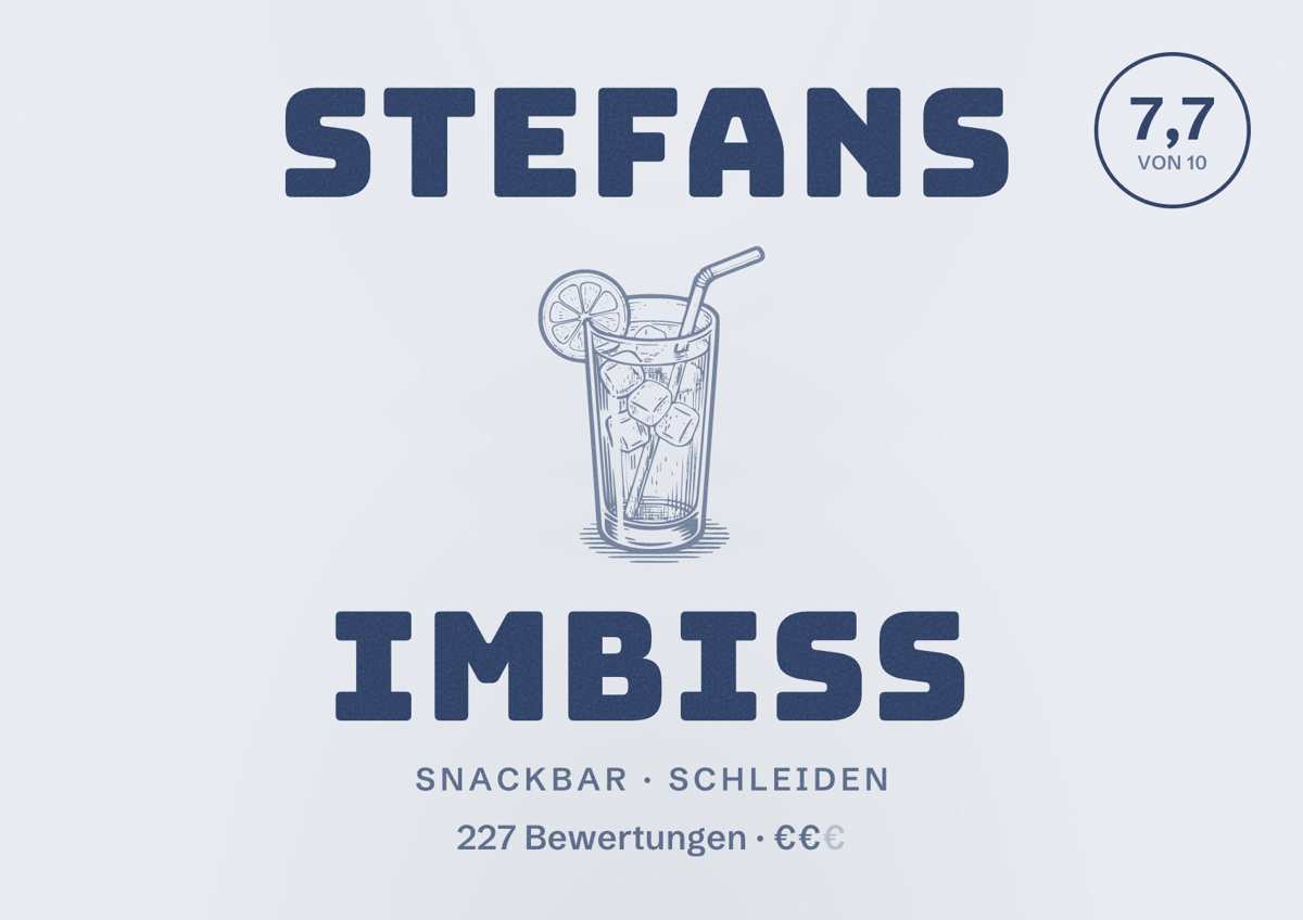 Illustriertes Poster von Stefans Imbiss, Snackbar in Schleiden: Bewertung 7,7 von 10 aus 227 Bewertungen, Preisniveau €€